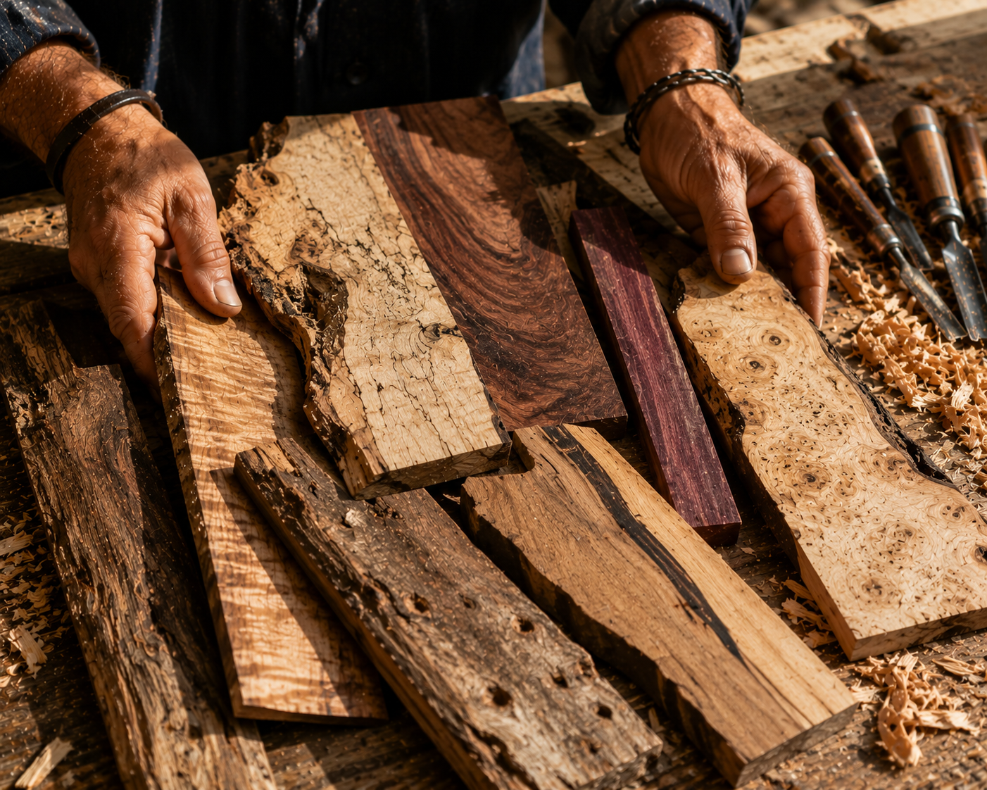 Morceaux de bois et copeaux dans l’atelier de Johann