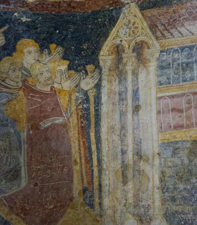 Pèlerins devant le Saint-Sépulcre, fresque médiévale à Brancion