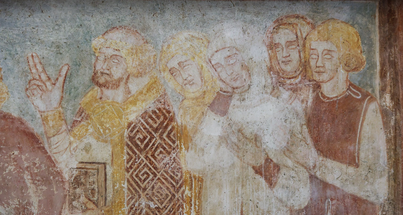 Groupe en prière, détail de fresque médiévale dans l’église de Brancion
