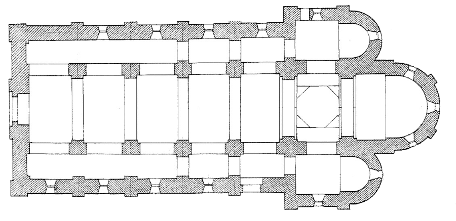Plan de l’église Saint-Pierre de Brancion avec nef, transept, abside et absidioles